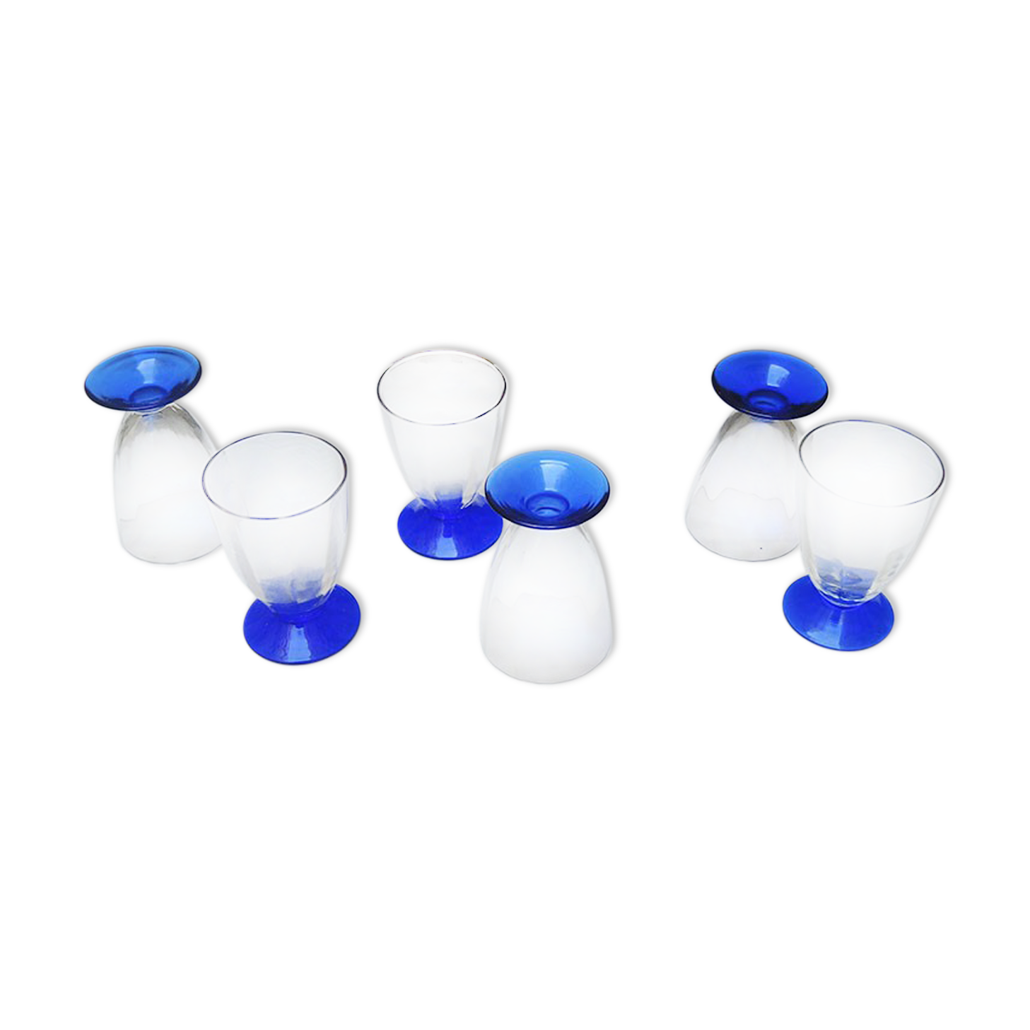 6 old conical glasses art deco transparent blue foot