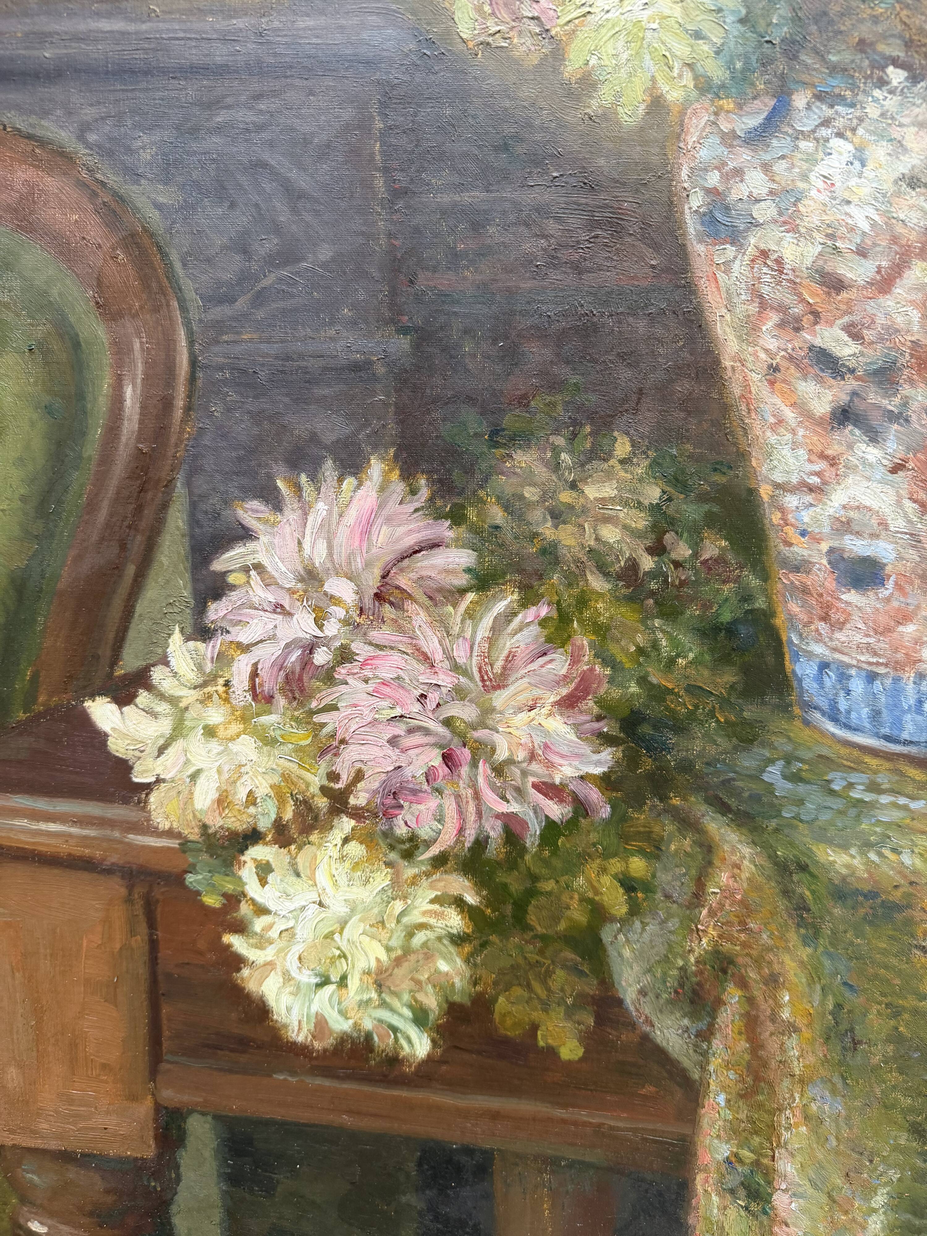 Large antique painting of lilacs in an interior – oil on canvas from the 19th century.
