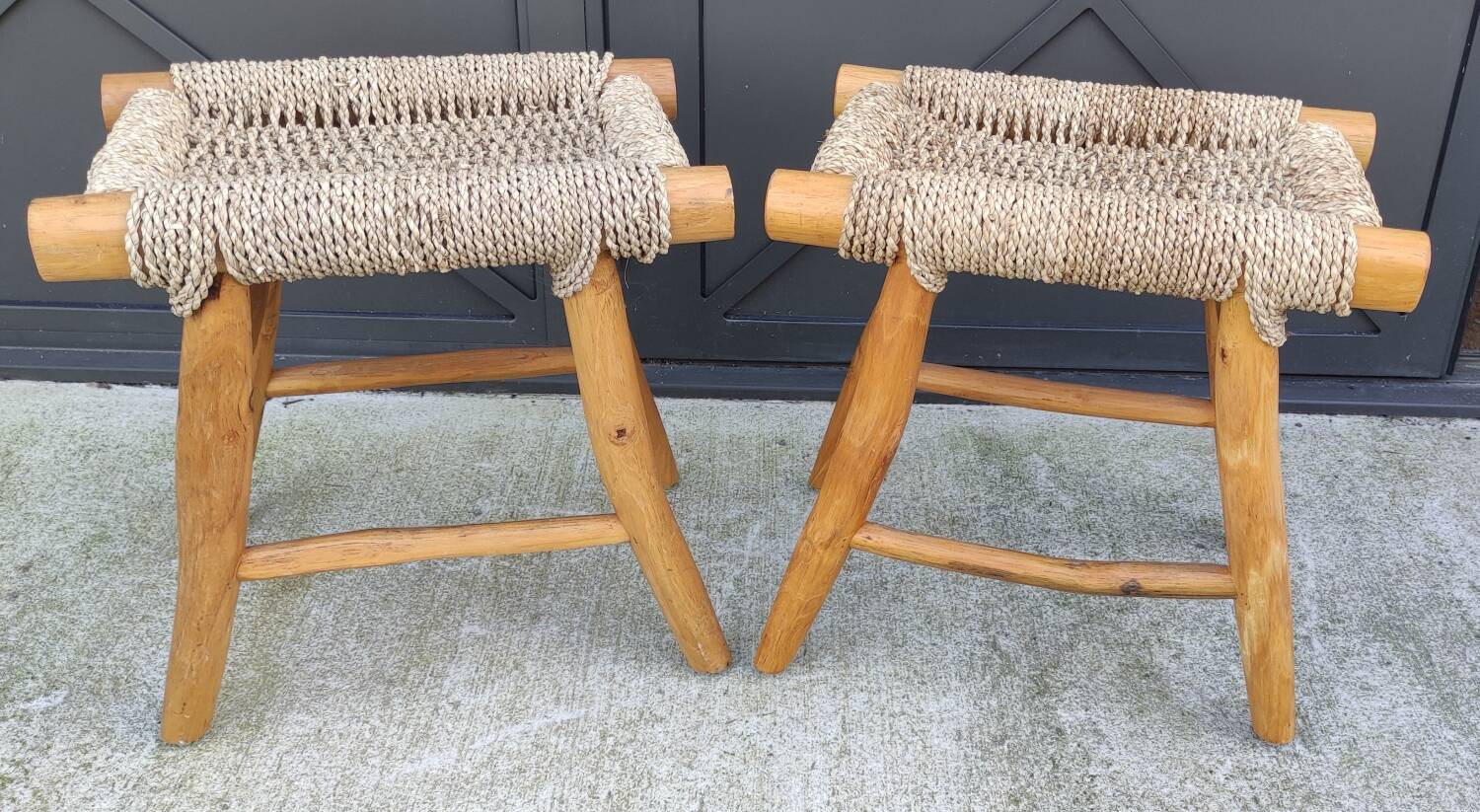 Pair of brutalist seagrass stools/20th century design/sofa end