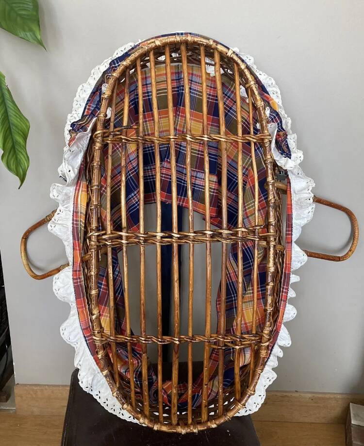 1970s wicker rattan portable bassinet cradle complete with bedding