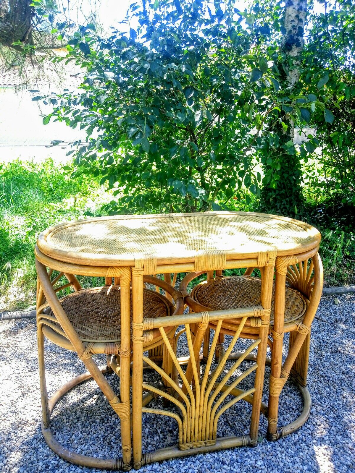 Set of a table and two rattan chairs
