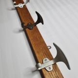 Coat rack in brass and wood, 4 double hooks colored vintage, 76 cm