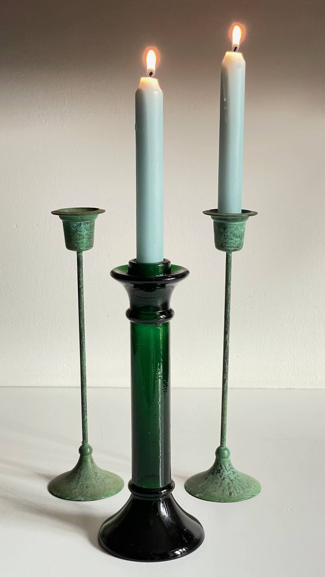 Vintage Glass and Metal Candlesticks Green