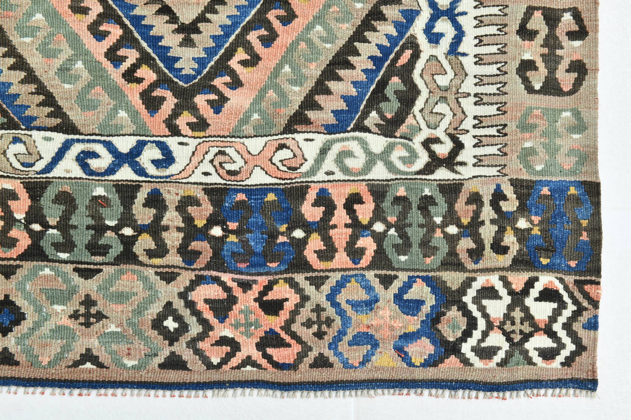 5x9 Kilim Anatolian Carpet, Handwoven Wool Rug, Blue Details Rug, 154x275Cm