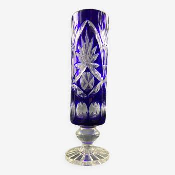 Tubular vase on pedestal in cut crystal tinted Bohemian blue