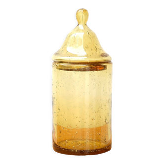 Bocal, pot couvert en verre bullé ambré de biot, années 70