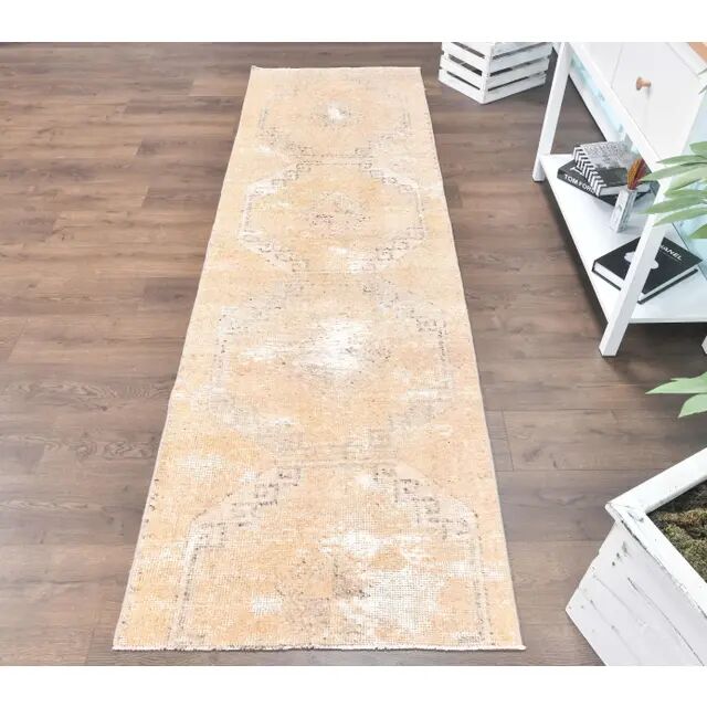 1960s orange geometric Turkish hand-knotted runner 91x330