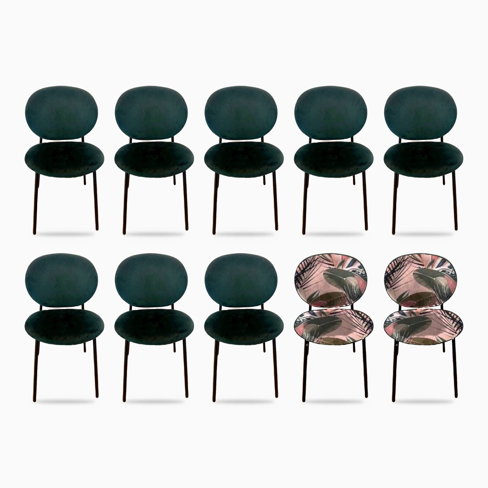 Set of 10 Calligaris Ines chairs in green velvet and tropical fabric.