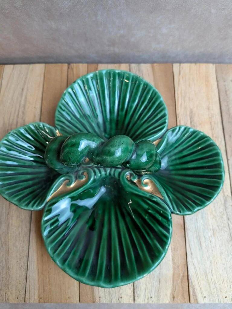 Vintage ceramic server in green with shell design, Vallauris style.