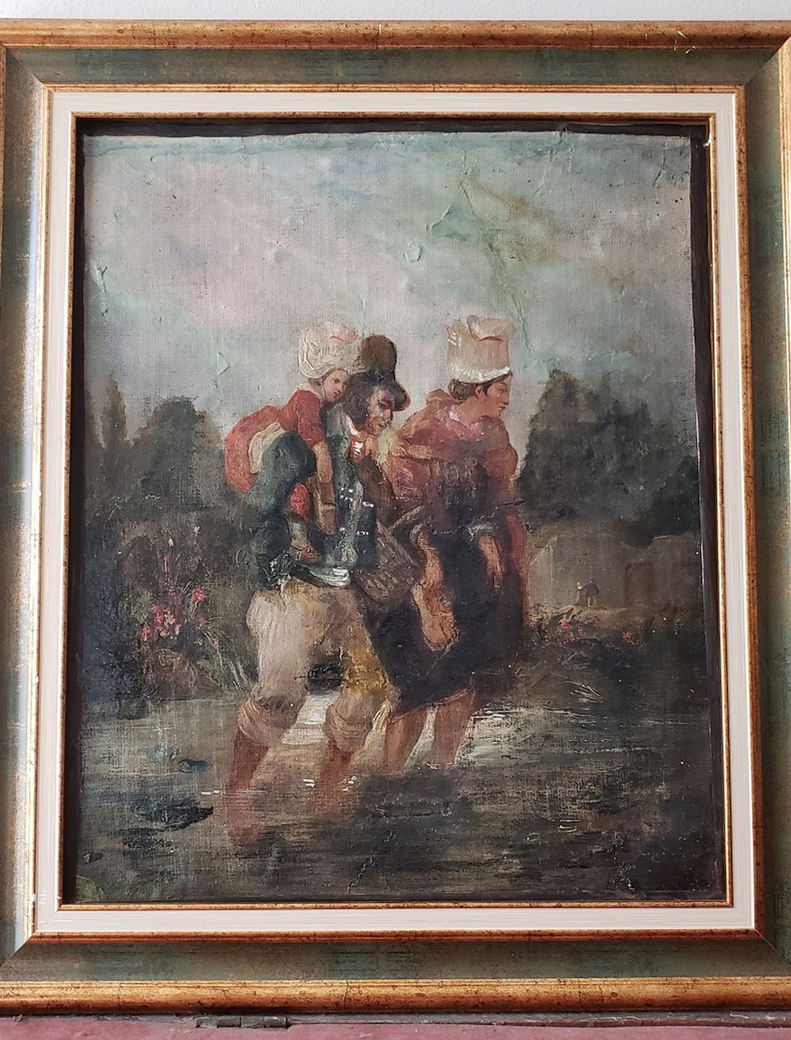 Huile sur toile "Le Gué" Ecole XIXème