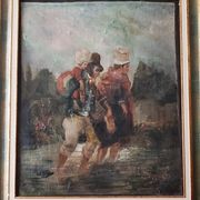 Huile sur toile "Le Gué" Ecole XIXème