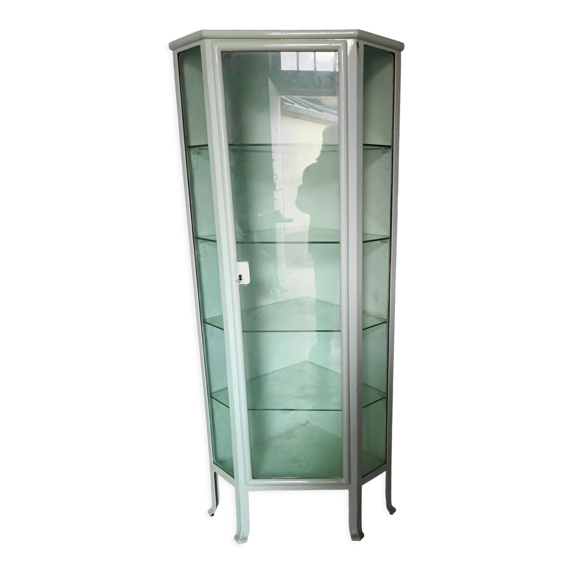 Painted metal ophthalmologist's corner display case, early 20th century