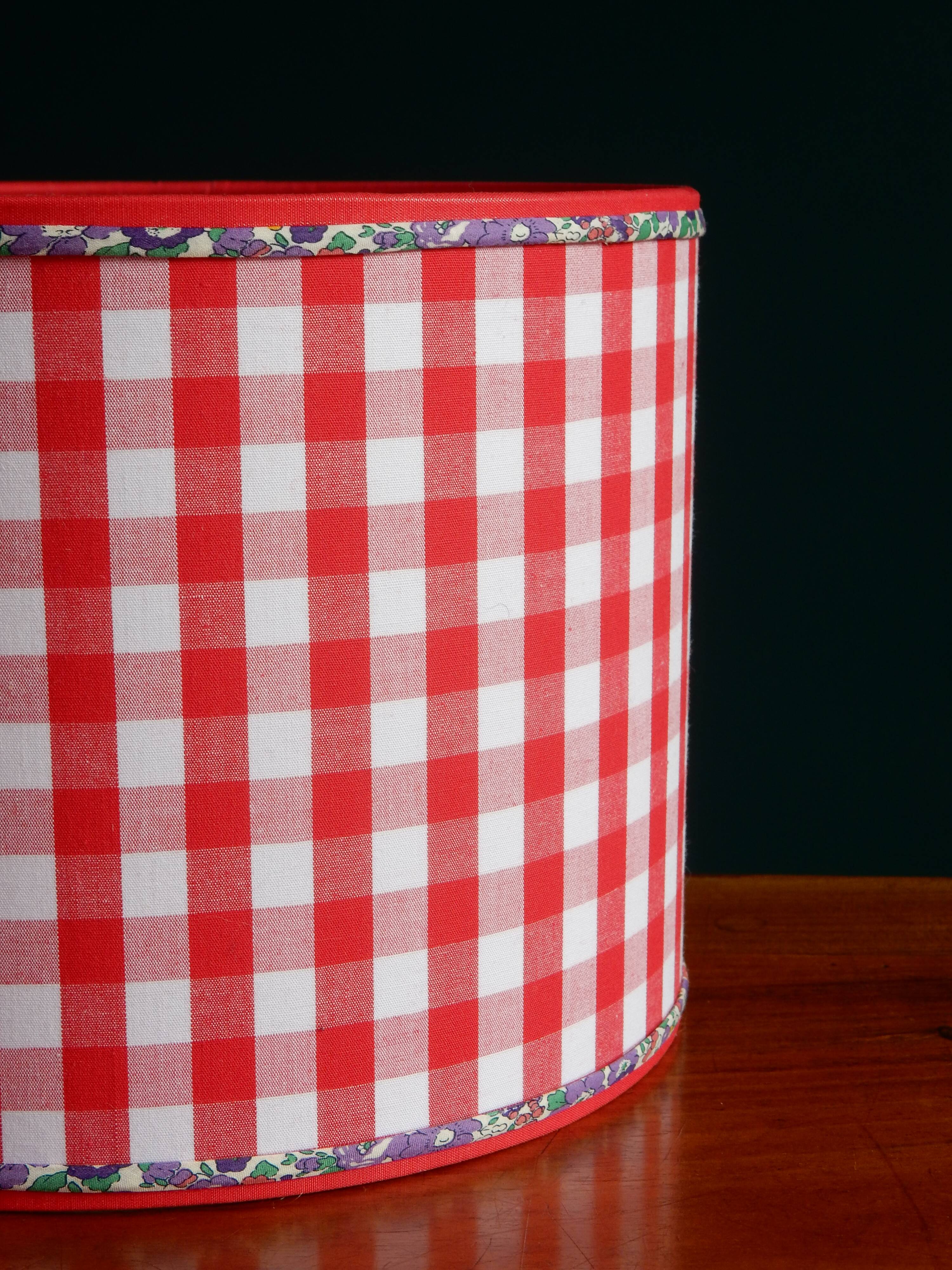 Red gingham and liberty cylindrical lampshade