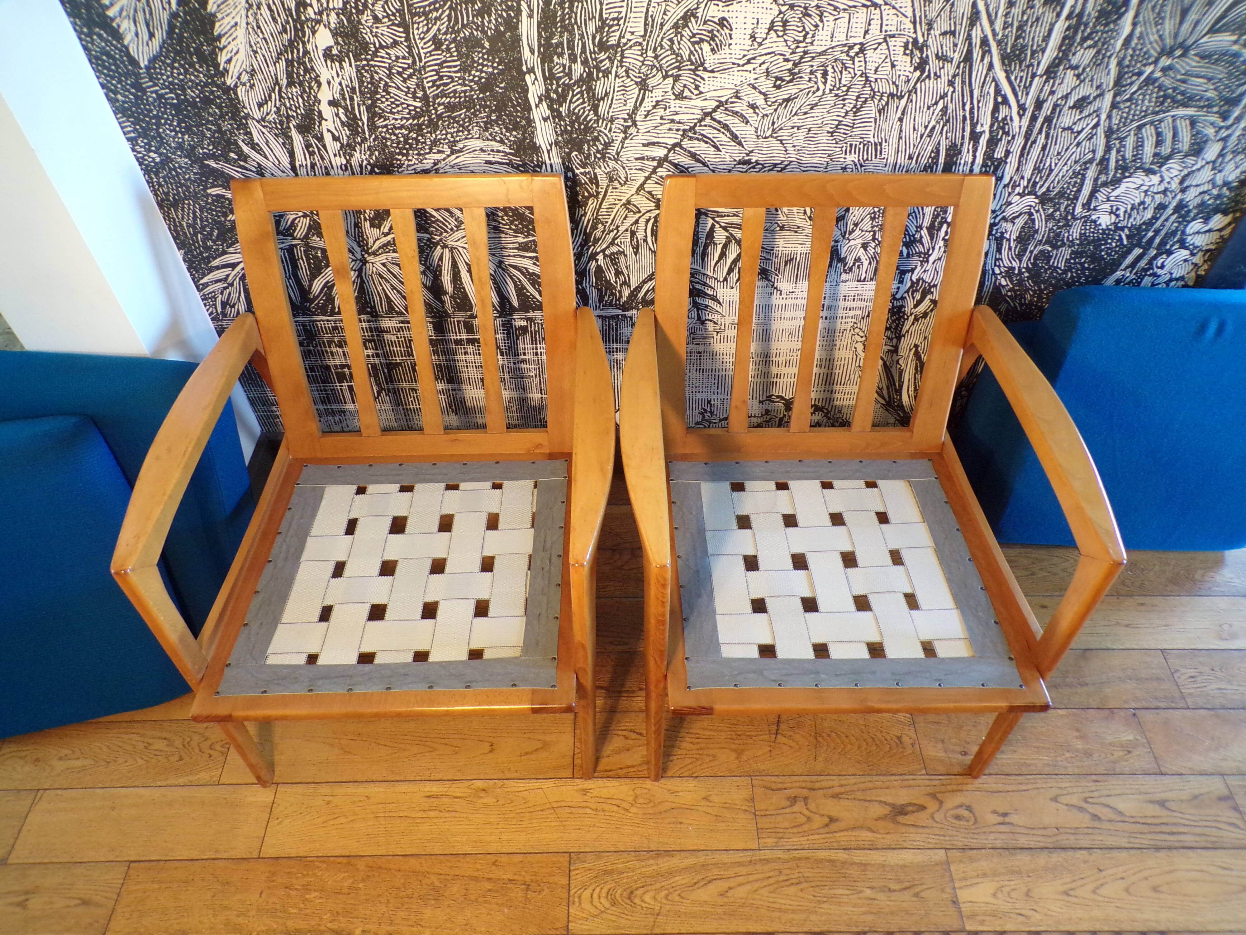 Pair of blue jersey Scandinavian armchairs