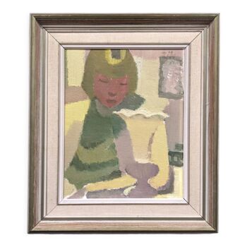 Mid-Century Modern Swedish "Portrait in an Interior" Vintage Framed Oil Painting