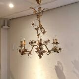 Lustre en métal doré et fleurs en verre, 1970