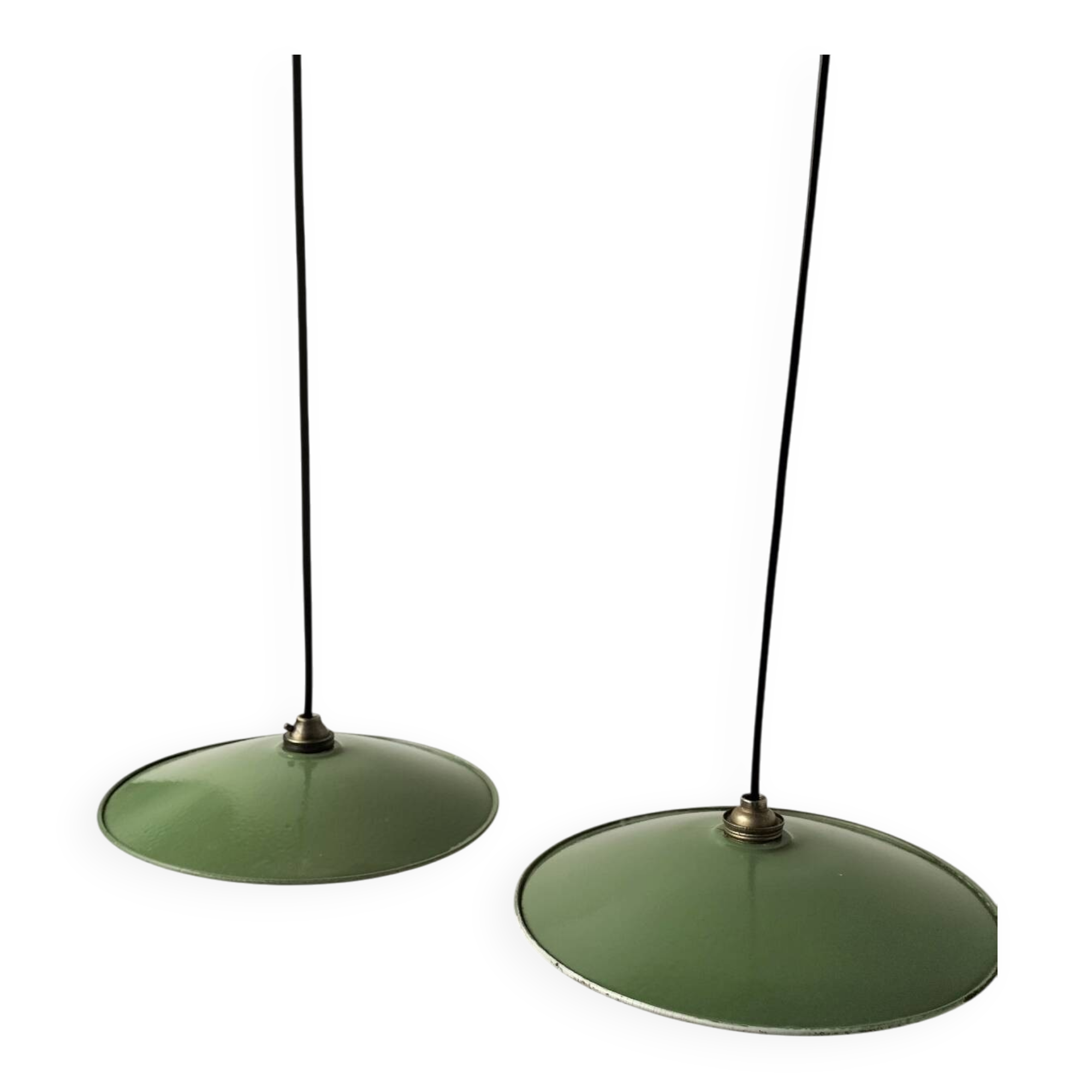 Pair of enamelled metal pendant lights
