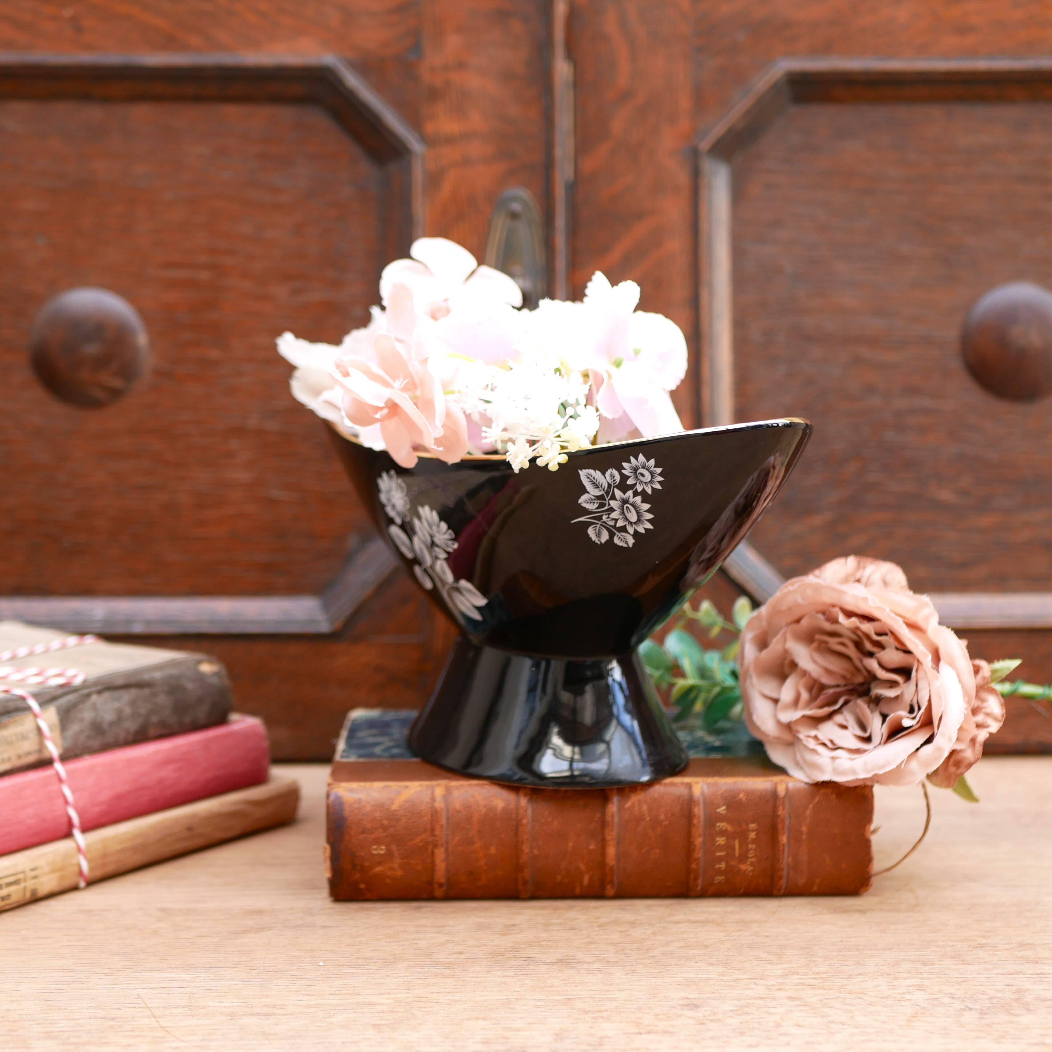 Vintage Wade Black boat vase with floral pattern and metal stand