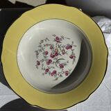 Set of 9 large vintage yellow deep plates with pink flowers and a gold rim.