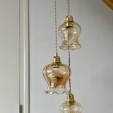 Triple vintage tulip pendant light in amber glass