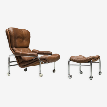 Swedish Lounge Chair and Ottoman in Chrome and Brown Leather by Scapa Rydaholm, 1960s, Set of 2