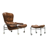 Swedish Lounge Chair and Ottoman in Chrome and Brown Leather by Scapa Rydaholm, 1960s, Set of 2