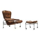 Swedish Lounge Chair and Ottoman in Chrome and Brown Leather by Scapa Rydaholm, 1960s, Set of 2