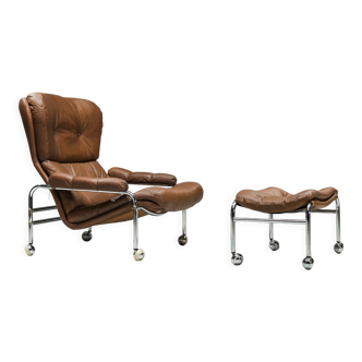 Fauteuil suédois et pouf en cuir chromé et brun par Scapa Rydaholm, années 1960, Set de 2