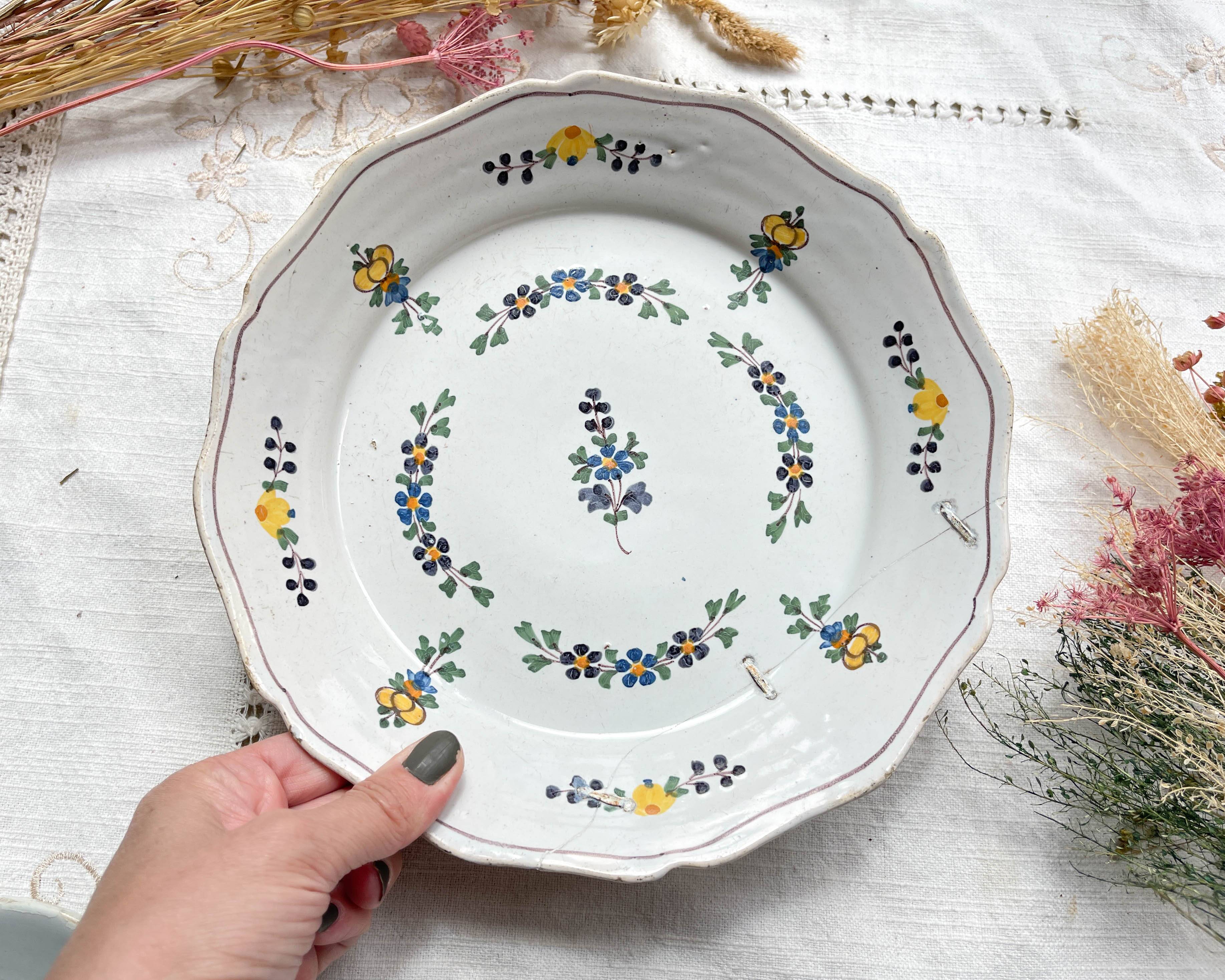 Antique French Earthenware Plate 18th Century NEVERS Small Blue Flowers