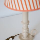 Candlestick lamp, Antique turned wooden base & Striped lampshade