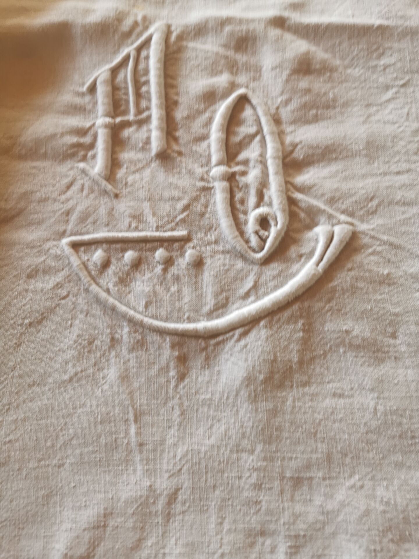 Drap ancien en lin monogrammé 3,40x2,20 m
