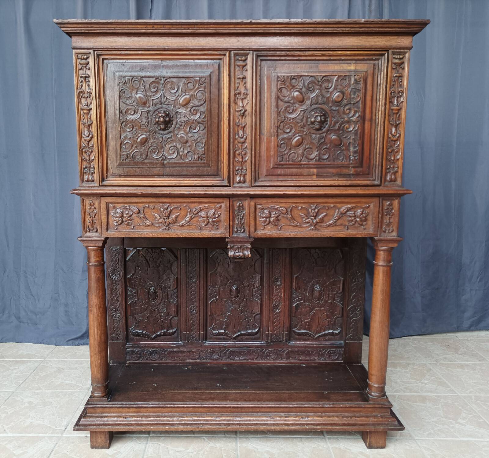 Renaissance oak carved buffet cabinet
