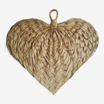 Éventail coeur en feuilles de palmier tressées vintage