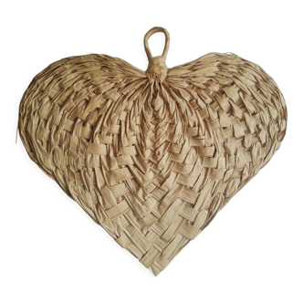 Éventail coeur en feuilles de palmier tressées vintage