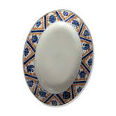 Flat oval Art deco white background and blue, yellow frieze. Earthenware.