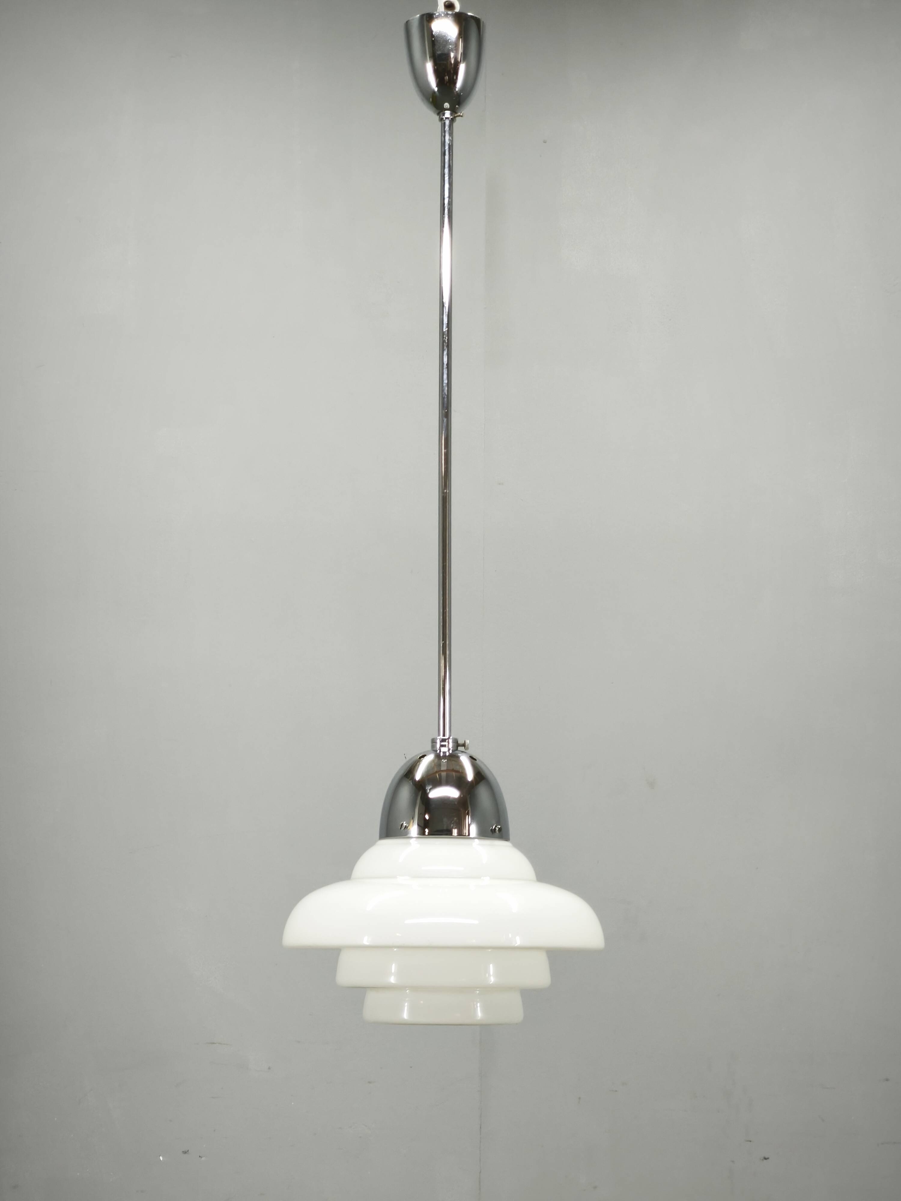 1930s Art Deco Bauhaus Opaline Glass and Chrome Pendant Light
