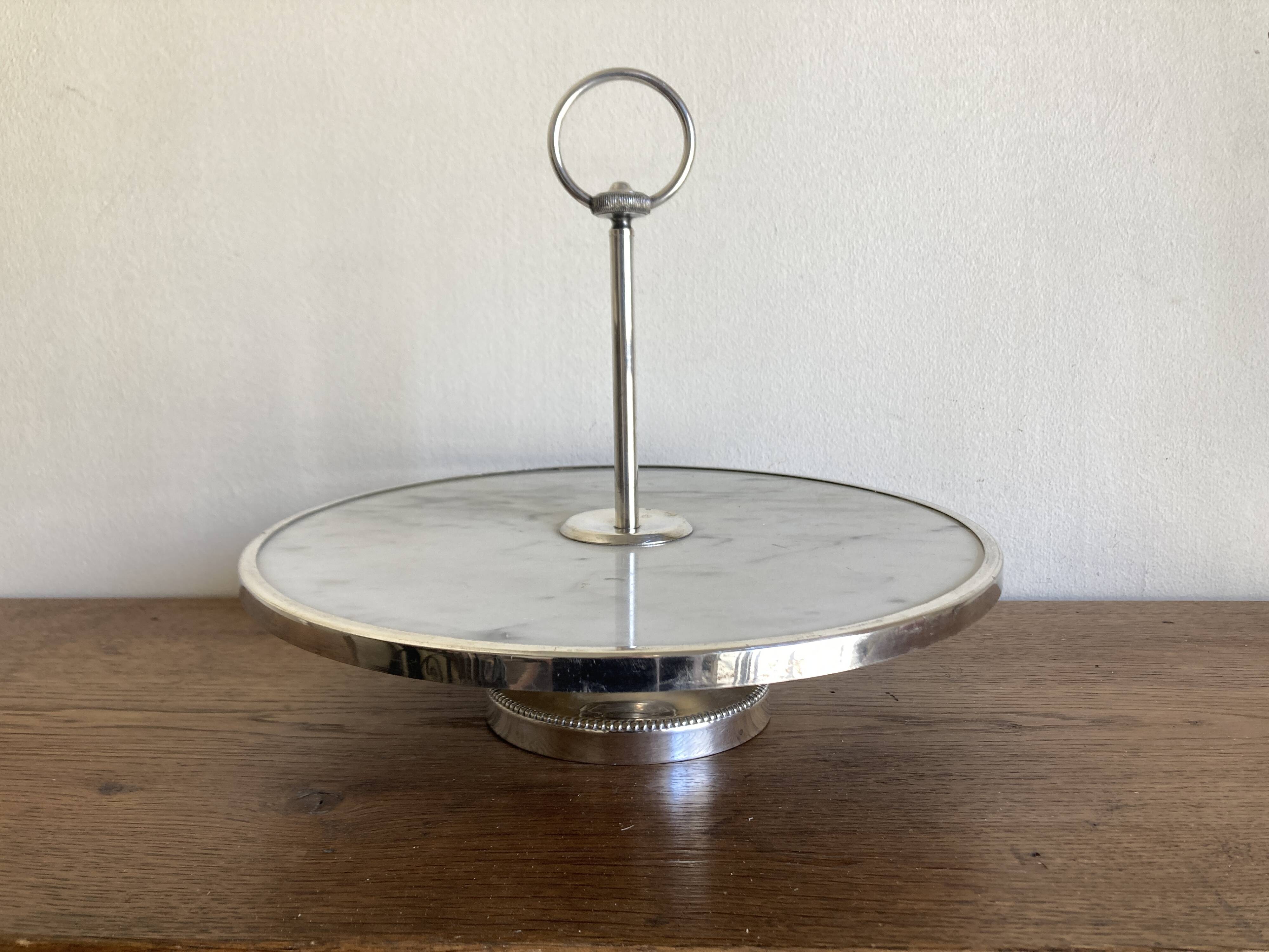 Silver-plated rotating platter and white marble pastry stand 1960 neoclassical