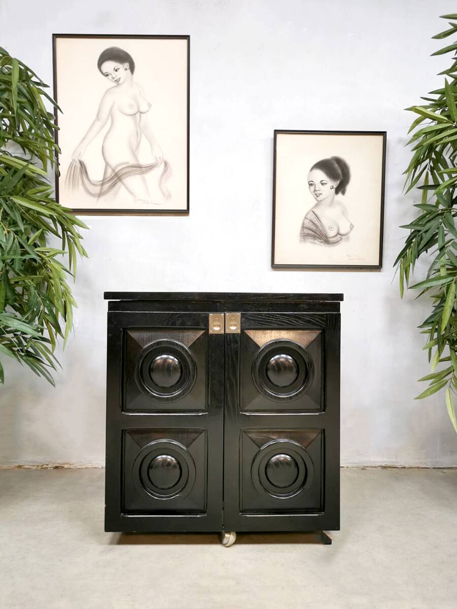 Brutalist bar trolley cocktail bar 'Ebonized oak' Belgium 1970
