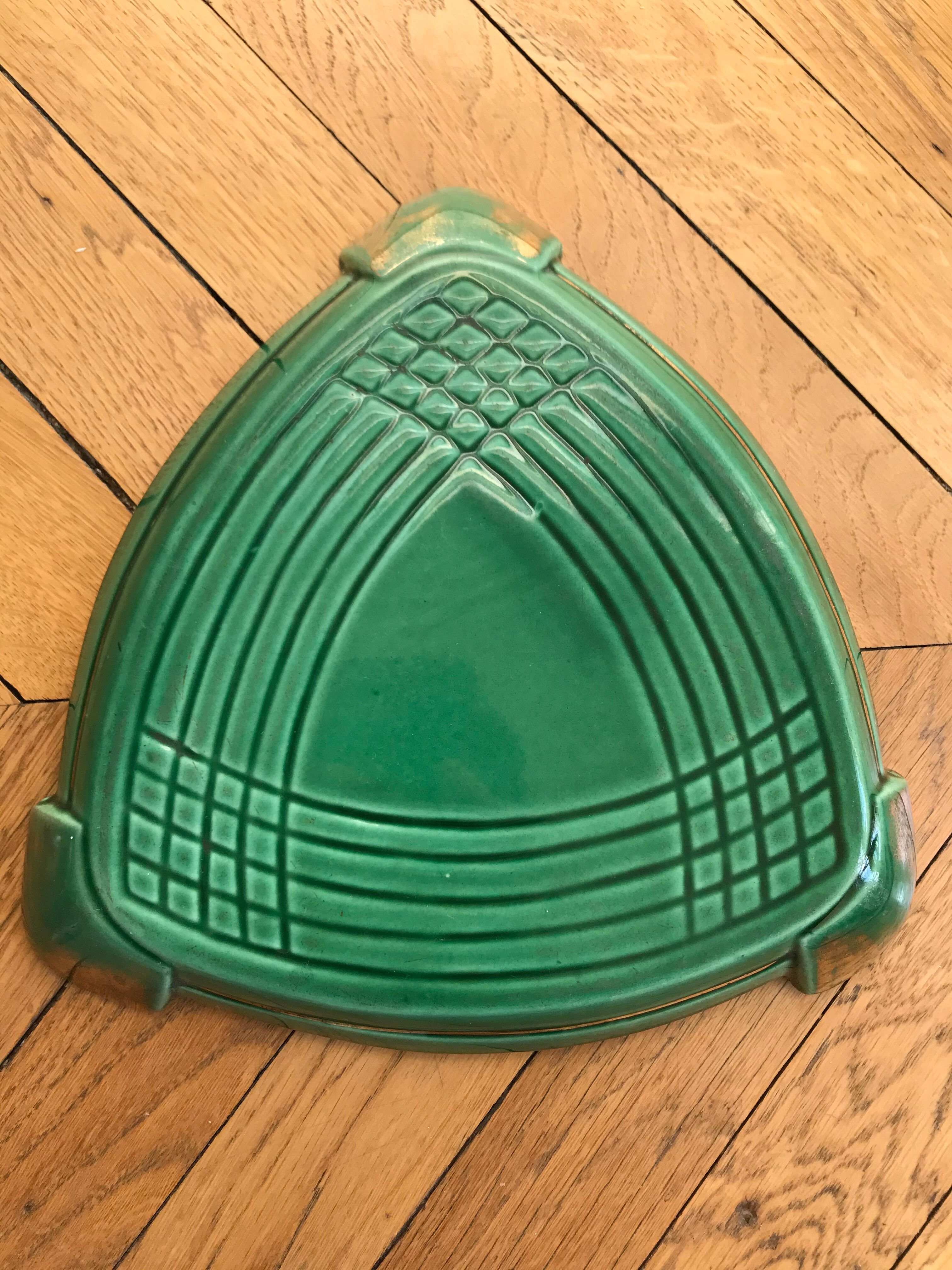 Dessous de plat art deco vert et doré faïence