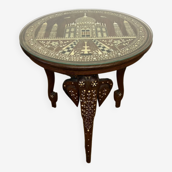 Tripod pedestal table/ side table in inlaid and carved teak