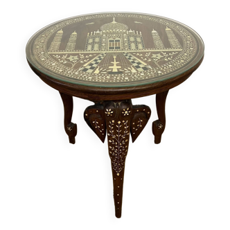 Tripod pedestal table/ side table in inlaid and carved teak