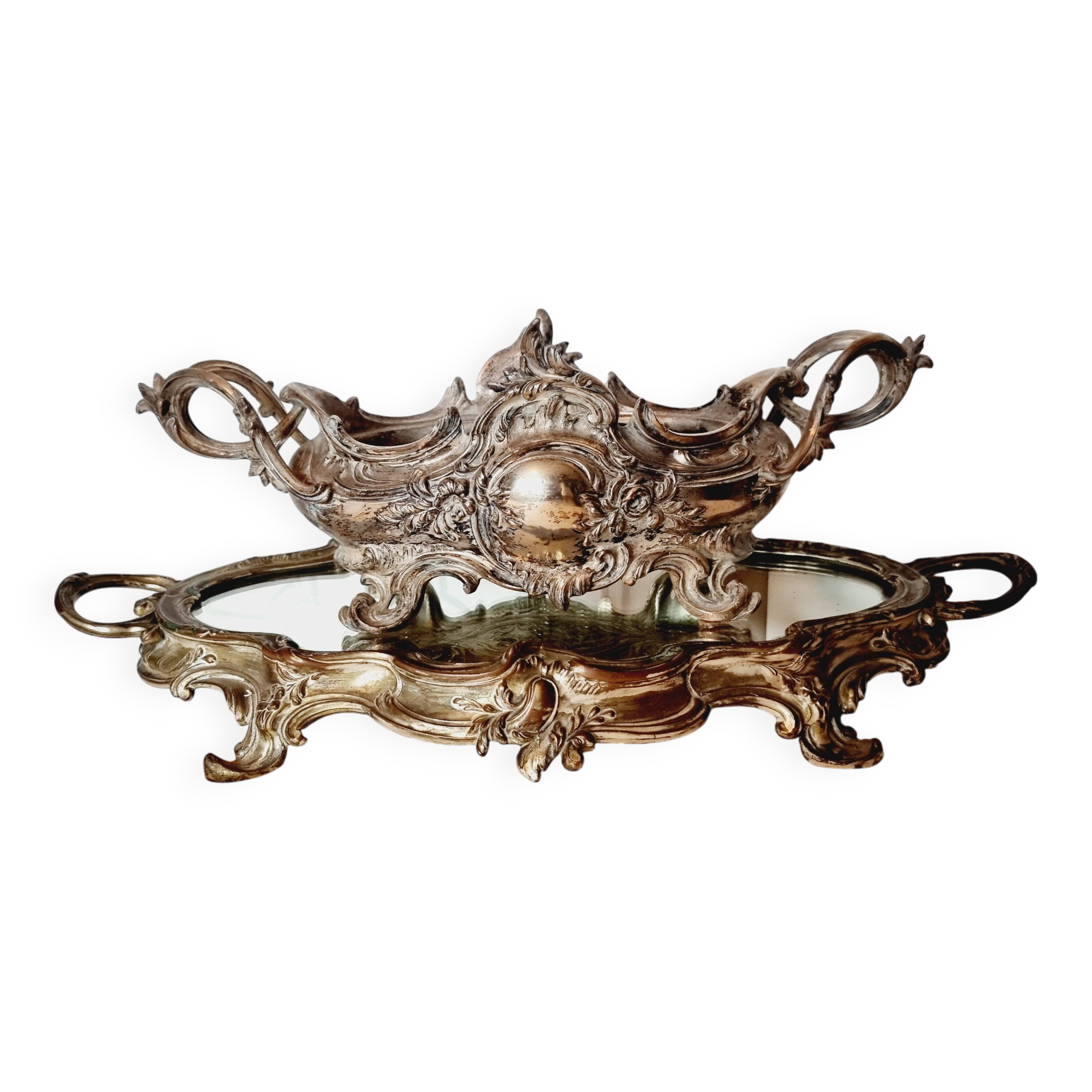 French Art Nouveau planter and "above all" in silver-plated metal and mirror dating from 1900 or earlier