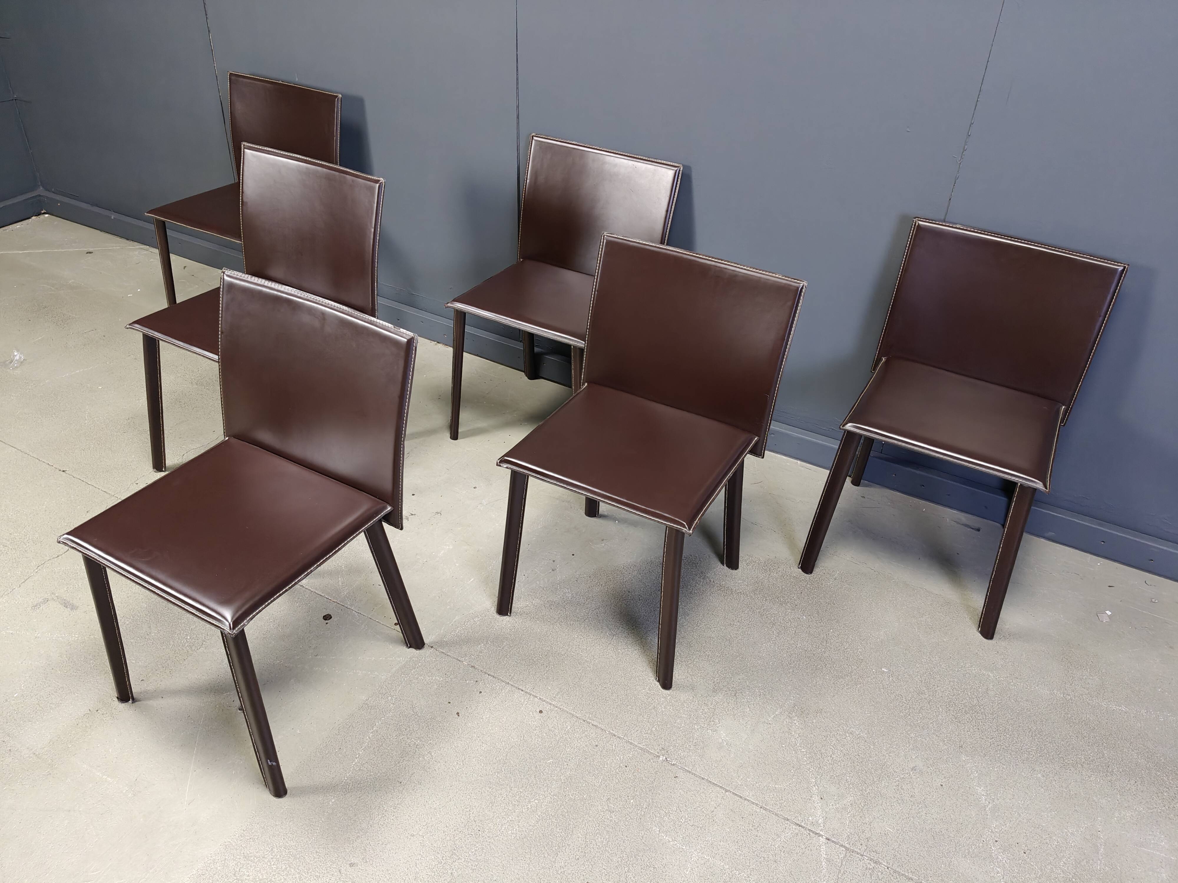Vintage brown leather dining chairs, set of 6, 1980s