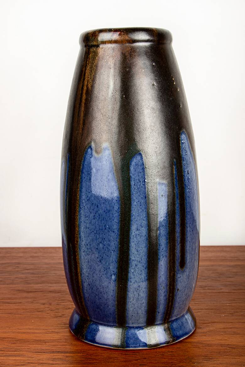Large Art Deco vase, blue glazed ceramic, Léon Pointu, Puisaye stoneware