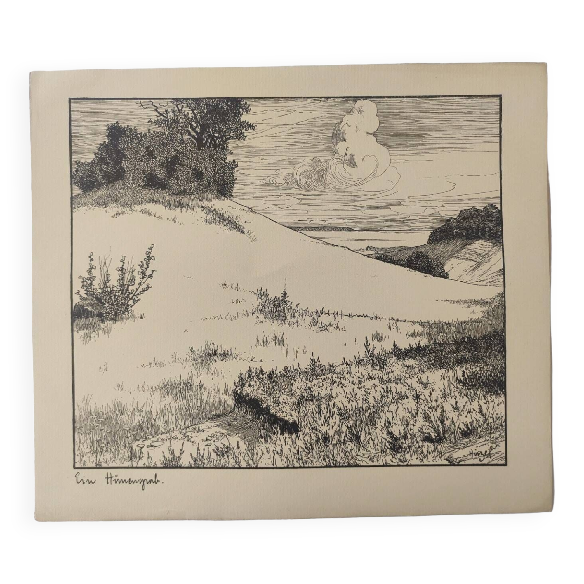 Gravure ancienne - Le tumulus et la prairie - Lithographie de 1902