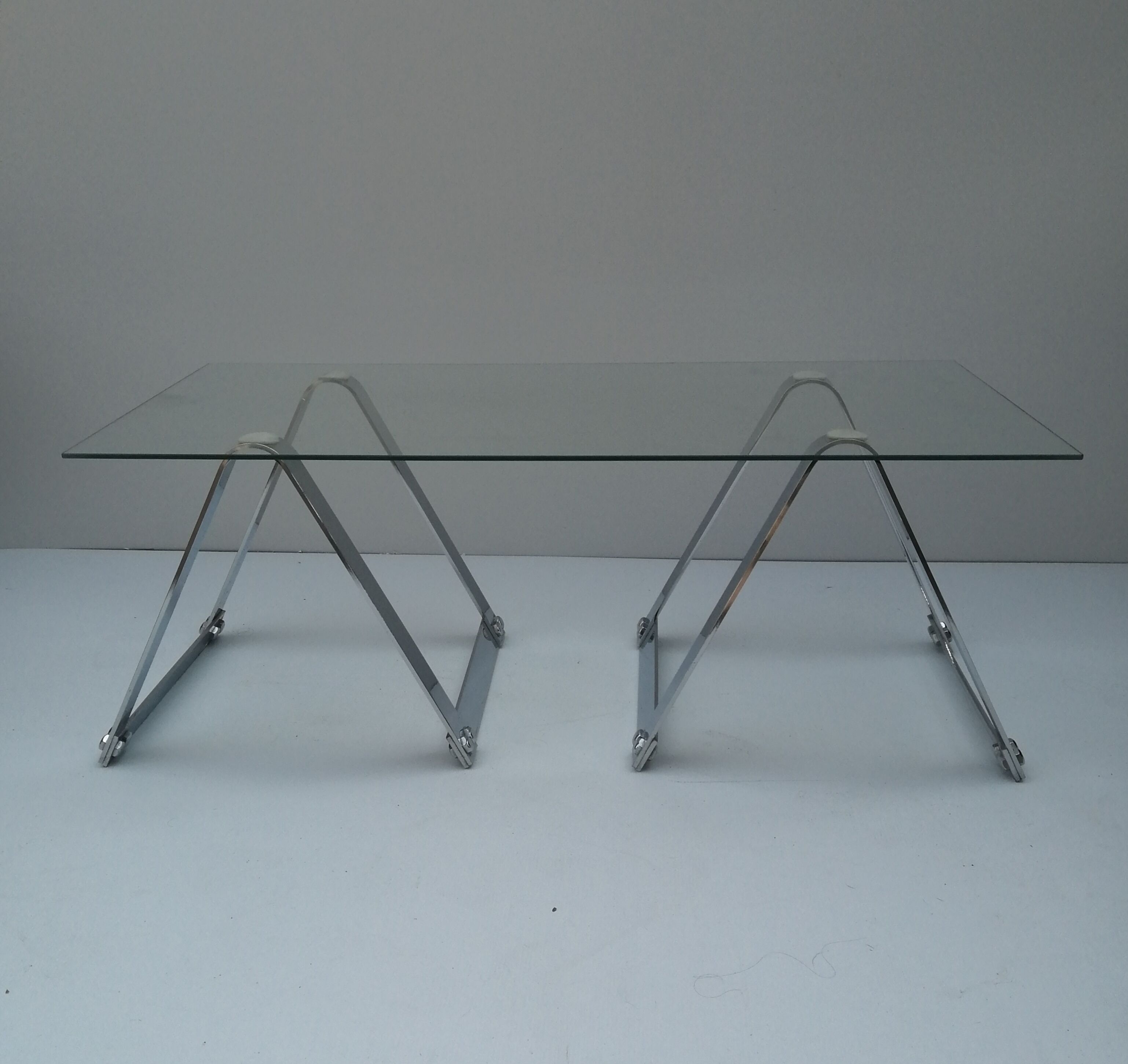 Glass and chrome coffee table, trestle legs, vintage 1960-1970