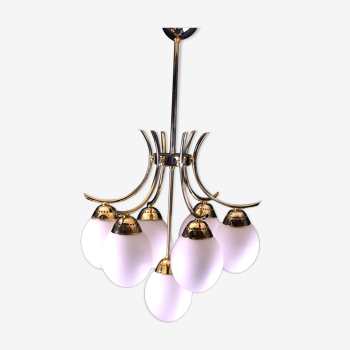 Mid-century space age, white seven globes brass chandelier