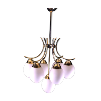 Mid-century space age, white seven globes brass chandelier