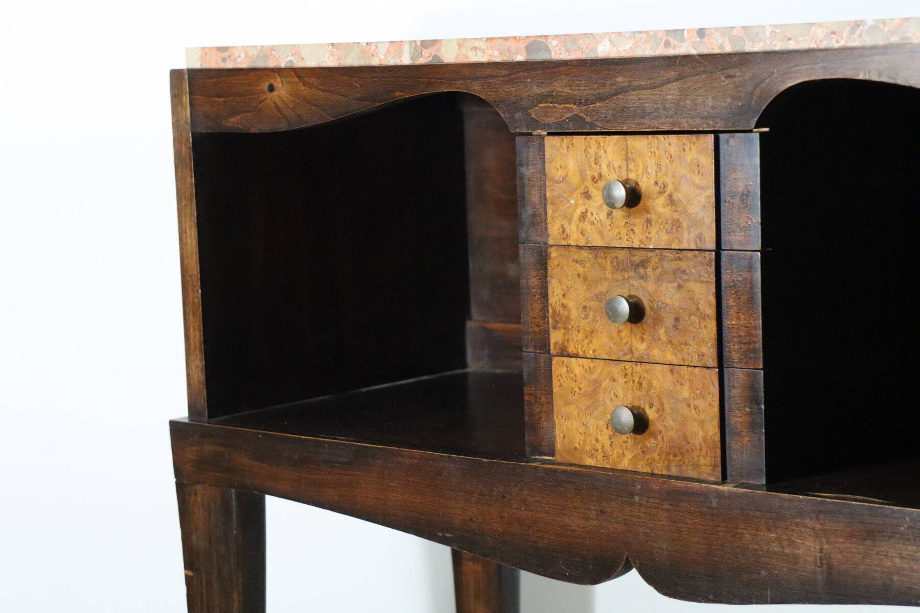 Vintage wooden and marble console table – classic style curved legs, 1950s