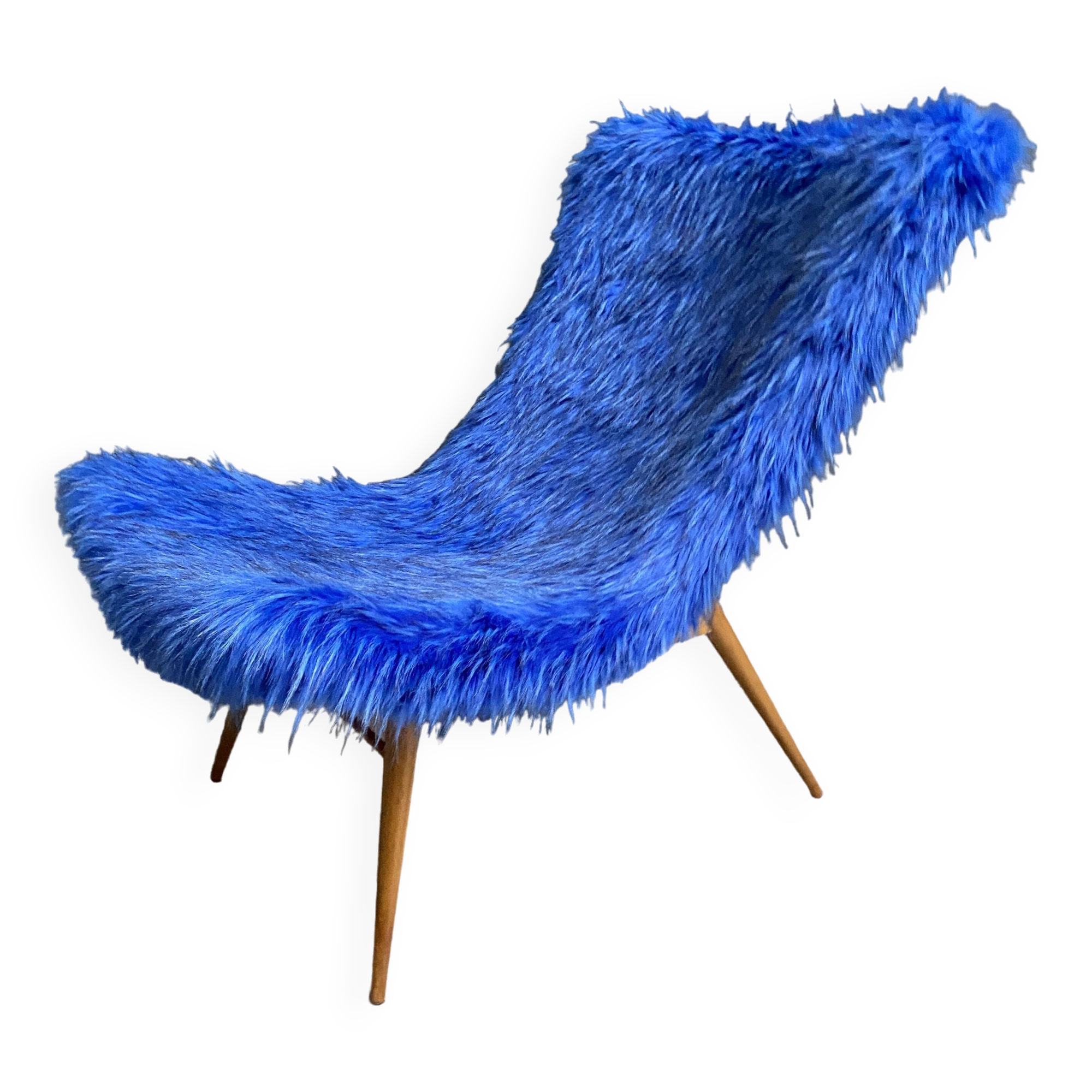 iconic Miroslav Navratil chair blue fluffy fabric for Český Nábytek 1960s